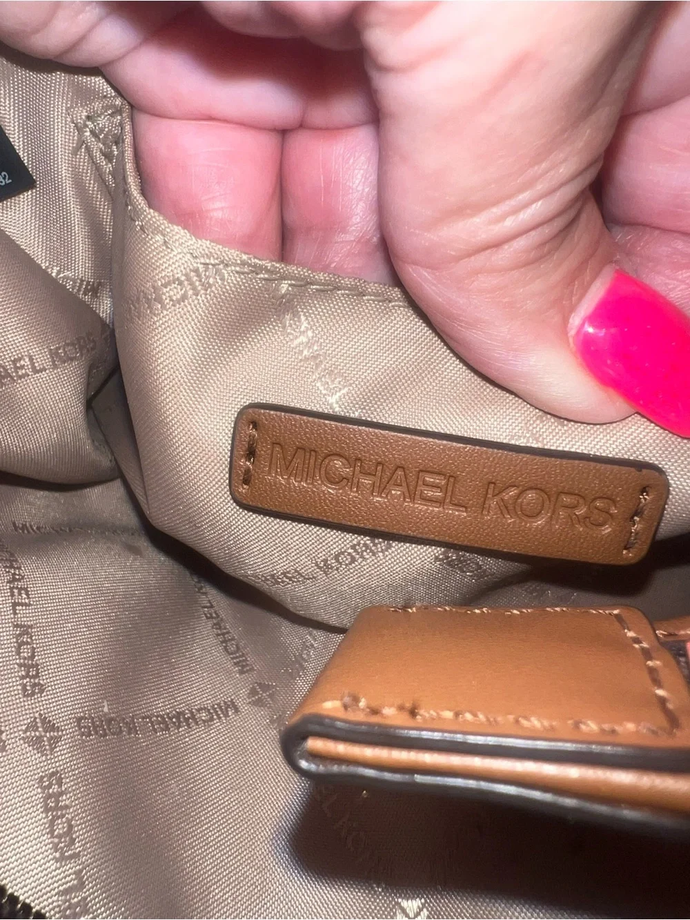 Michael Kors Brown Logo Crossbody with Tan Trim and Beige Strap